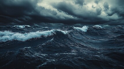 Poster - Visualize a stormy ocean with turbulent waves and a sky filled with dark, menacing clouds, creating a dramatic and intense atmosphere over the seascape