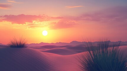 Canvas Print - Visualize a tranquil desert scene with the setting sun casting a warm, amber light over the expansive sand dunes, creating a serene and calming atmosphere