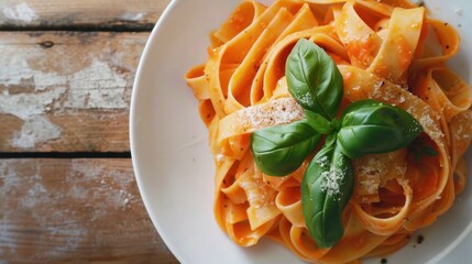 Wall Mural - Gourmet Pasta Dish Garnished with Fresh Parsley and Parmesan. Carrot Pasta