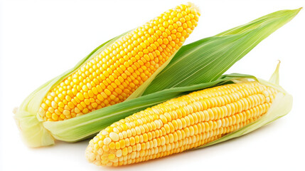 Two ears of corn, fresh and yellow, with green husks, isolated on a white background.