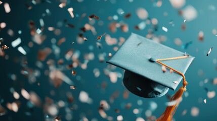 This stunning image focuses on a graduation cap with golden tassels, surrounded by metallic confetti, set against a deep teal background, symbolizing academic success and festivity.