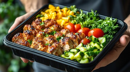 Man holding a black container with a healthy fitness meal of white meat, fresh salad, and veggies, ideal for muscle building in a gym setting.