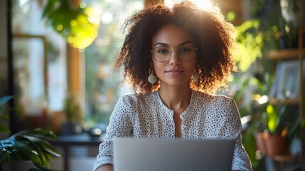 Wall Mural - Woman Working on Laptop in Home Office