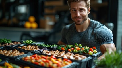 Wall Mural - Man with a healthy fitness meal in a black container, featuring white meat and fresh veggies, captured in a gym interior for a high-protein diet concept.