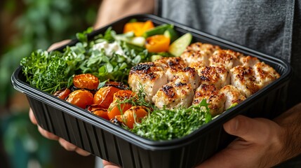 Gym-goer holding a black meal container with white meat, fresh greens, and veggies, showcasing a nutritious, protein-packed lunch for muscle growth.