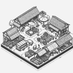 Wall Mural - line art isometric illustration of traditional market