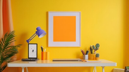 Canvas Print - A colorful minimalist workspace with a clean desk, featuring a single vibrant piece of art and a few brightly colored office supplies, keeping the focus clear.