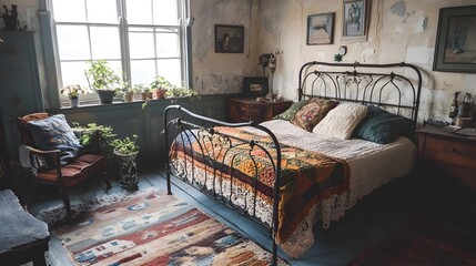 Wall Mural - Peaceful and Cozy Vintage Inspired Bedroom with Iron Bed Frame Crocheted Throw and Patterned Rug for a Timeless Rustic Chic Ambiance