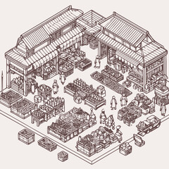 Wall Mural - line art isometric illustration of traditional market