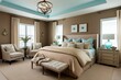 © Michael - Serene Bedroom Decor with Warm Taupe Beige Light Blue Accents and Cream Bedding Ideas