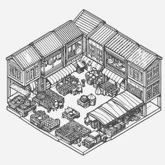 Wall Mural - line art isometric illustration of traditional market