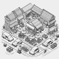 Wall Mural - line art isometric illustration of traditional market