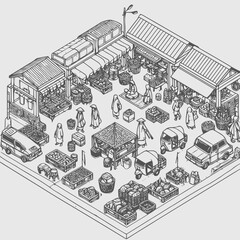 Wall Mural - line art isometric illustration of traditional market