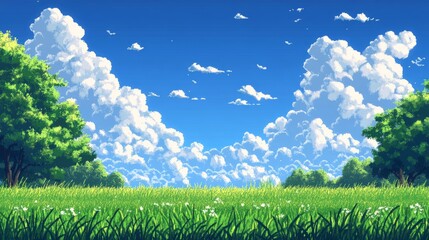 Wall Mural - beautiful summer day with lush greenery and fluffy clouds