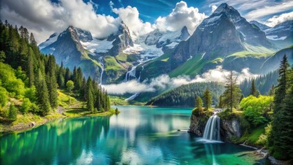 Canvas Print - Majestic snow-capped peaks rise above lush green valleys and serene turquoise lakes, surrounded by dense forests and misty waterfalls in a breathtaking alpine landscape.