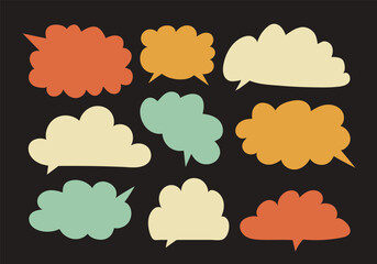 Poster - Colorful Speech bubbles in Hand drawn style and vintage 70s colors. Retro empty Clouds or wavy box isolated on black background. Dialog balloons or text frame for comments and thoughts