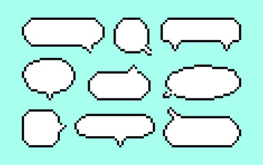 Poster - Pixel white Speech Bubbles set for computer game. Message box, chat empty retro clouds in 8 bit art, icons. Comic blank elements for dialogues of discussion and thoughts.