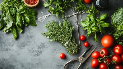 Different aromatic herbs, vegetables, scissors and threads on gray table, closeup