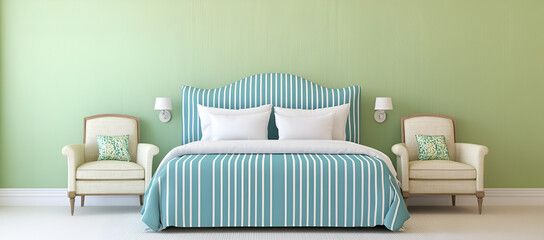 Poster - Modern Bedroom Interior Design with Green Walls, Striped Bedding and Elegant Armchairs