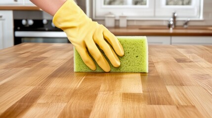 A person in rubber gloves is diligently cleaning a wooden countertop with a green sponge. A tidy kitchen filled with light enhances the ambiance of cleanliness