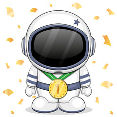 Cute cartoon astronaut with gold medal. Vector illustration of a man on a white background with golden confetti.