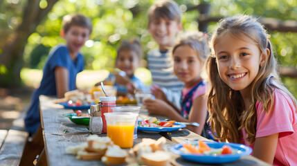 A group of children seated at a picnic table in a bright outdoor setting, smiling and enjoying a meal with juice and healthy food, surrounded by nature.