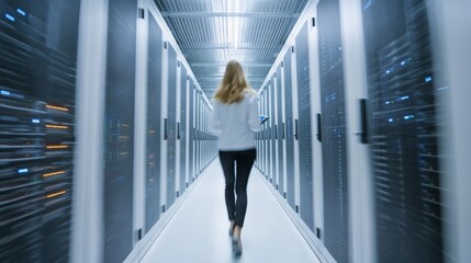 Poster - Data Center Technician Walking Through Server Room