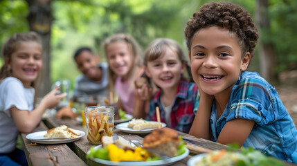 A group of cheerful children seated at a wooden picnic table outdoors, sharing a meal with healthy food and drinks, in a natural setting surrounded by trees.