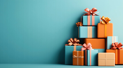 Wall Mural - A stack of colorful gift boxes with ribbons arranged against a solid teal background. The boxes are in various colors including orange, blue, and cream.