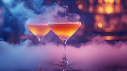 Elegant liquid nitrogen cocktails surrounded by dense fog, highlighting the art of modern mixology with a mysterious twist.