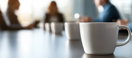 Blank White Mug Mockup for Branding and Design Inspiration in a Blurred Office Setting