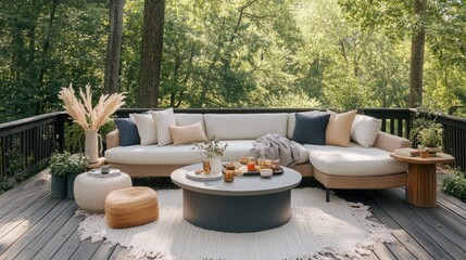 A cozy outdoor sofa adorned with cushions invites relaxation on a wooden terrace, nestled among vibrant green plants and trees, basking in warm summer light