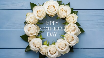 Wall Mural - Top view of Mother's day holiday composition with beautiful white roses on blue wooden background