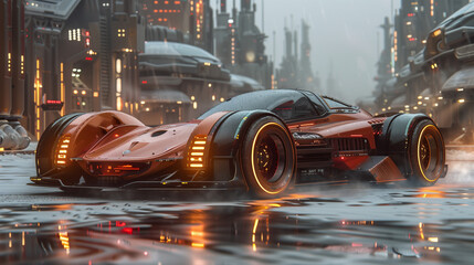 Futuristic car in a cyberpunk city, with rain-soaked streets and glowing neon lights