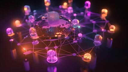 Poster - Global network concept on dark background. 3D rendering. Neon lights, Cyber big data flow, blockchain data fields, and network line connect stream