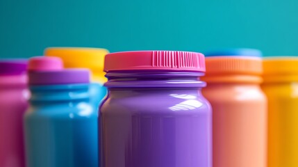 Wall Mural - Colorful Plastic Bottles with Pink Caps