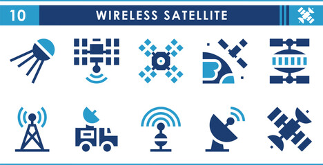 Leinwandbilder - A set of solid icons related to Wireless Satellite. Satellite, Wireless, TV, Signal, Tower, dish, and so on. Vector flat icons set.