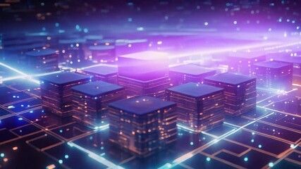 Poster - abstract 3d illustration of a futuristic city with glowing lights and circuit, Data computation layer representing blockchain
