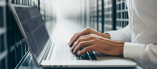 Wall Mural - Data Center Technician Working on Laptop with Code