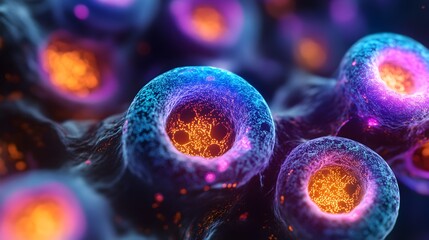 Poster - Radiant Bioengineered Cells Viewed Through a Microscope in a Futuristic Lab Setting