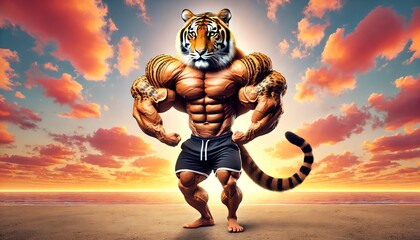 An image featuring a tiger with a typical tiger head, tail, and feet with an extremely muscular human body