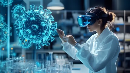 Poster - Scientist Wearing VR Goggles Interacting with 3D Holographic Model in Lab
