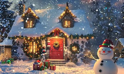 Wall Mural - A snowman stands in front of a house with a wreath on the door. The house is surrounded by trees and has a chimney. The scene is a wintery, cozy, and festive atmosphere