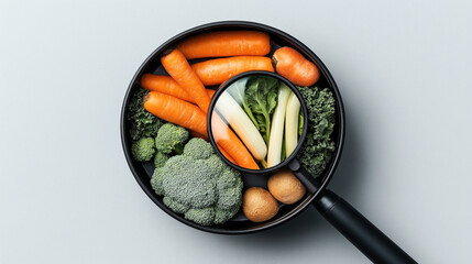 Poster - Black frying pan containing fresh vegetables such as carrots, broccoli, and greens with a magnifying glass highlighting some of the green vegetables.