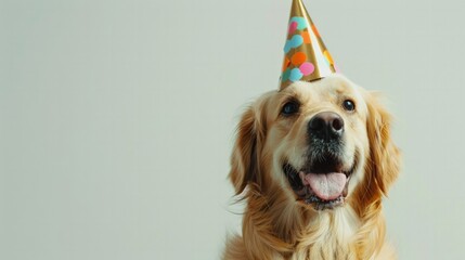 A pet dog wearing a party hat, isolated on white, colorful background,