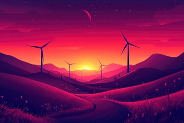 Sticker - Wind Turbines Silhouetted Against a Sunset over Rolling Hills