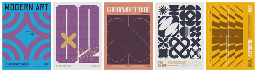 Poster - Set modernism art colorful trendy poster, artwork minimalistic and  brutalism style, abstract geometric A4 rave postmodern composition, vector simple shapes print graphic in Y2K aesthetics, set 6