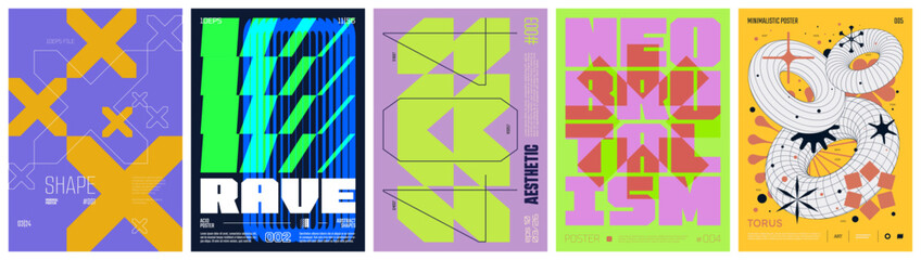 Fototapete - Set modernism art colorful trendy poster, artwork minimalistic and  brutalism style, abstract geometric A4 rave postmodern composition, vector simple shapes print graphic in Y2K aesthetics, set 7