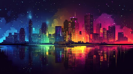 Wall Mural - Neon Cityscape Reflected in a Still Body of Water at Night