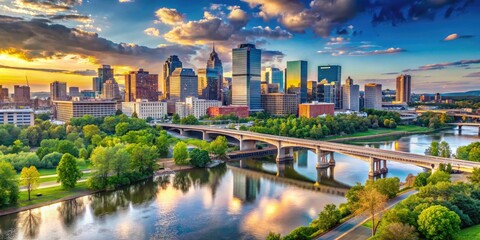 panoramic cityscape view of downtown skyline along the riverfront with bridges and trees in the fore